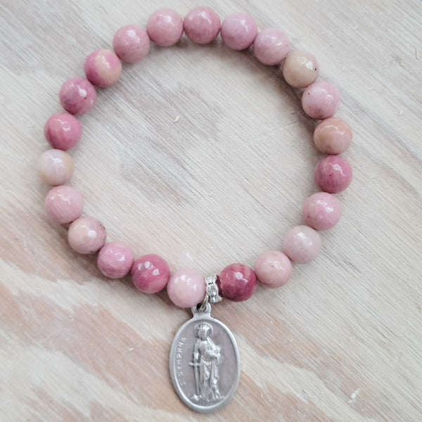 Rhodonite pink gemstone 8mm beads stretch bracelets St. Dymphna medal