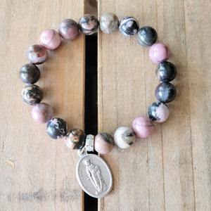Rhodonite pink black gemstone 10mm beads stretch bracelets St. Dymphna medal