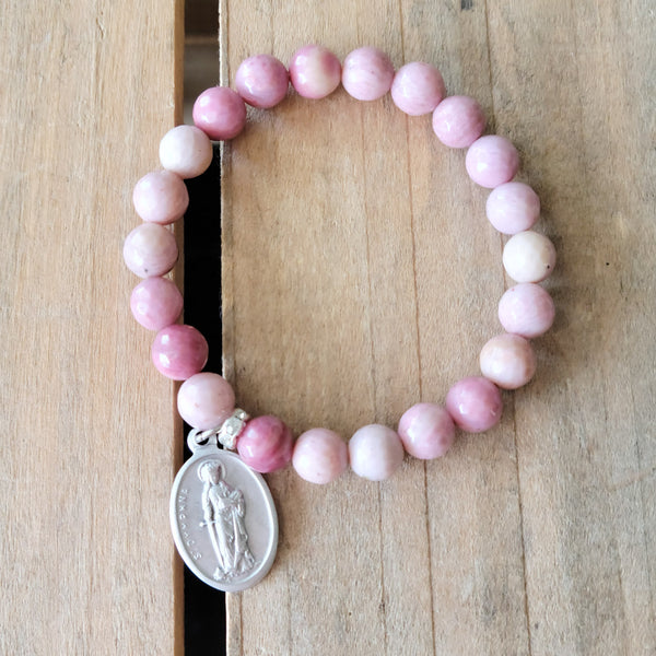 Rhodonite pink gemstone 8mm beads stretch bracelets St. Dymphna medal