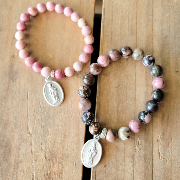 Rhodonite gemstone beads stretch bracelets St. Dymphna medal