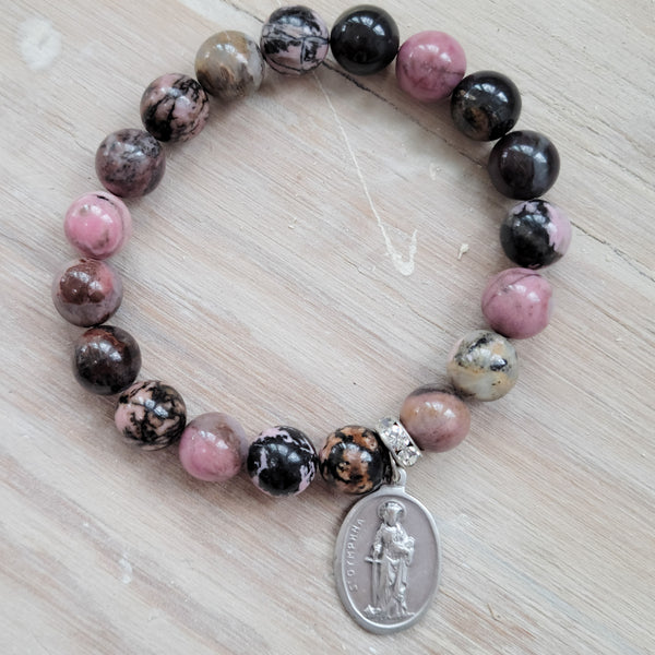 Rhodonite pink flecked gemstone 10mm beads stretch bracelets St. Dymphna medal