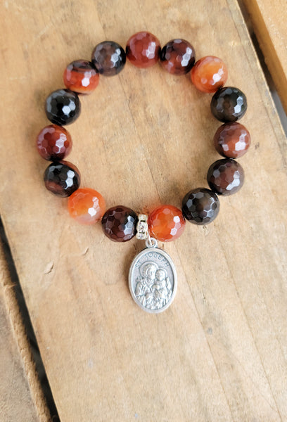 12mm caramel agate gemstone beads St. Joseph medal stretch bracelet