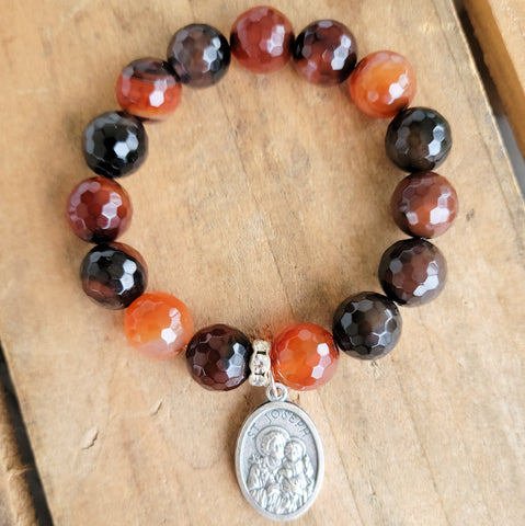 12mm caramel agate gemstone beads St. Joseph medal stretch bracelet
