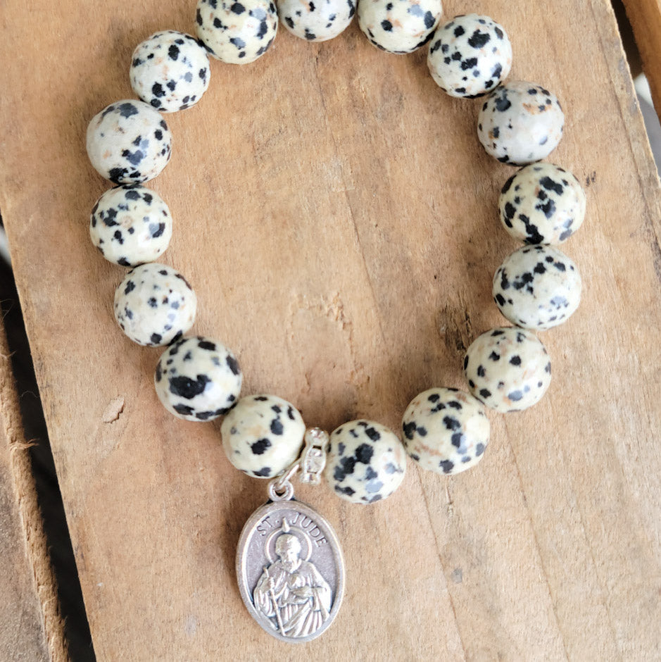 St. jde medal 12mm dalmatian jasper bead stretch bracelet