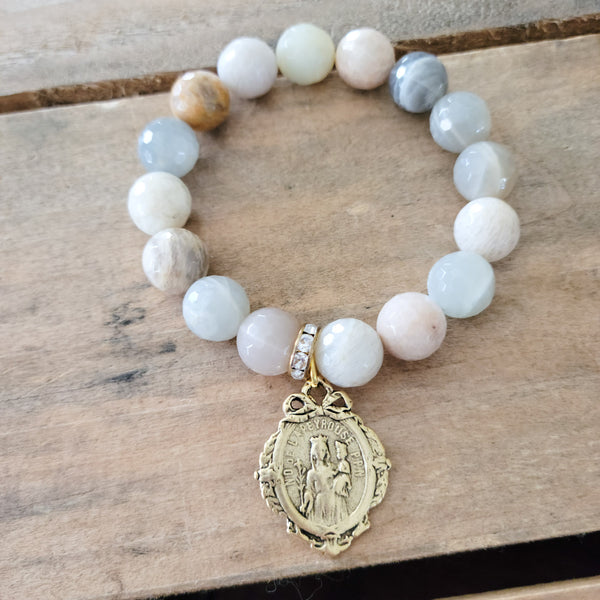 Sunstone gemstone beads w gold French St. Mary & child medal 12mm