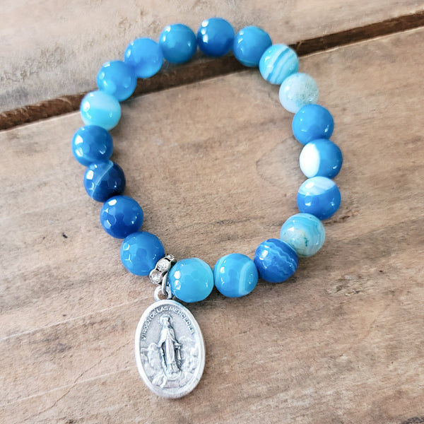 Agate gemstone beads w Our Lady of Mercy medal 10mm