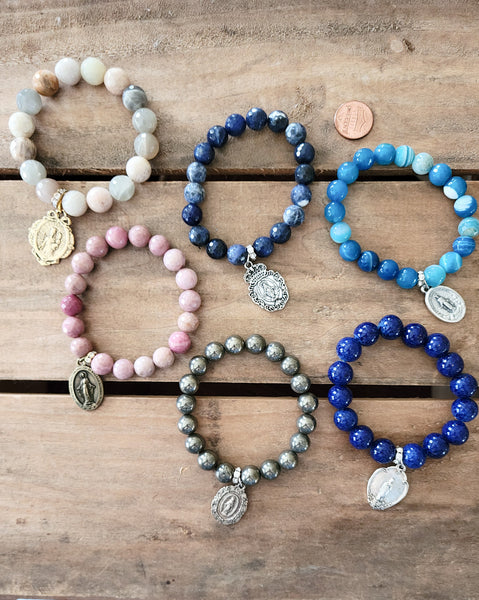 Gemstone bead stretch bracelets with St. Mary medals