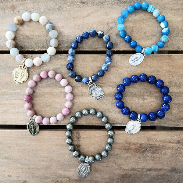 Gemstone bead stretch bracelets with St. Mary medals