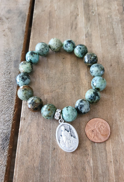 Earthy agate gemstone beads St. Patrick medal 12mm stretch bracelets