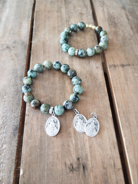 Earthy agate gemstone beads St. Patrick medal 12mm stretch bracelets