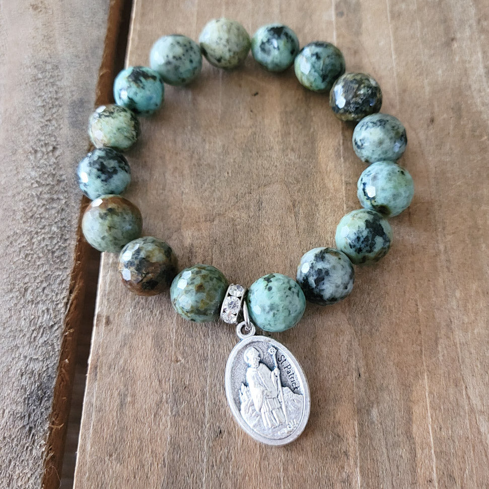 Earthy agate gemstone beads St. Patrick medal 12mm stretch bracelets