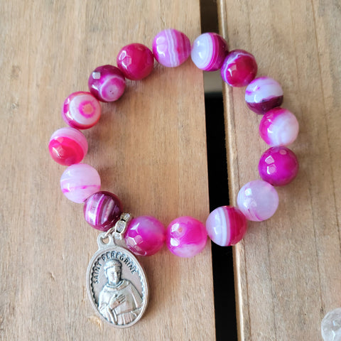 St. Peregrine 12mm hot pink agate beads stretch bracelet