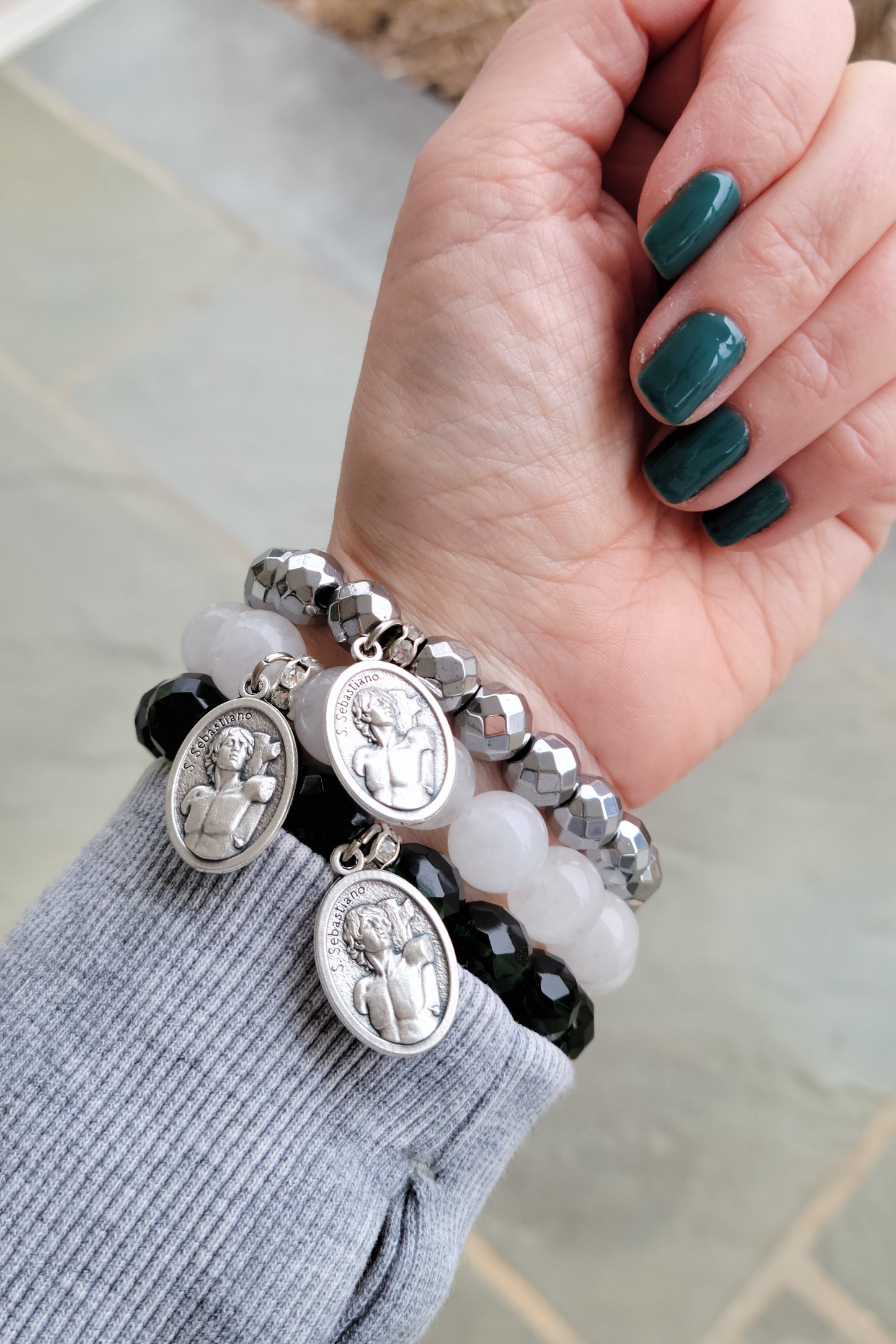 St Sebastian Athletes Green beads stretch bracelets