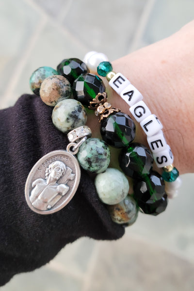 12mm turquoise agate gemstone beads St. Sebastian Medal stretch bracelet