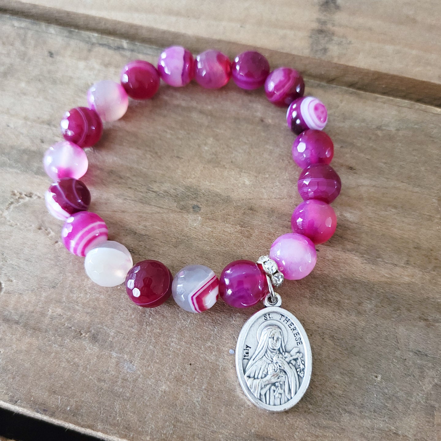 St. Therese medal 10mm hot pink agate beads stretch bracelet