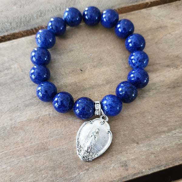 Blue agate gemstone beads w vintage Miraculous medal 12mm