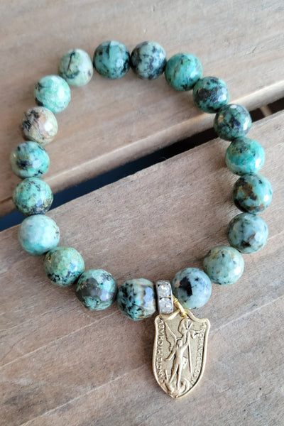 10mm Turquoise agate beads gold Archangel Michael shield medal stretch bracelet