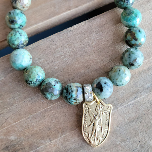 10mm Turquoise agate beads gold Archangel Michael shield medal stretch bracelet