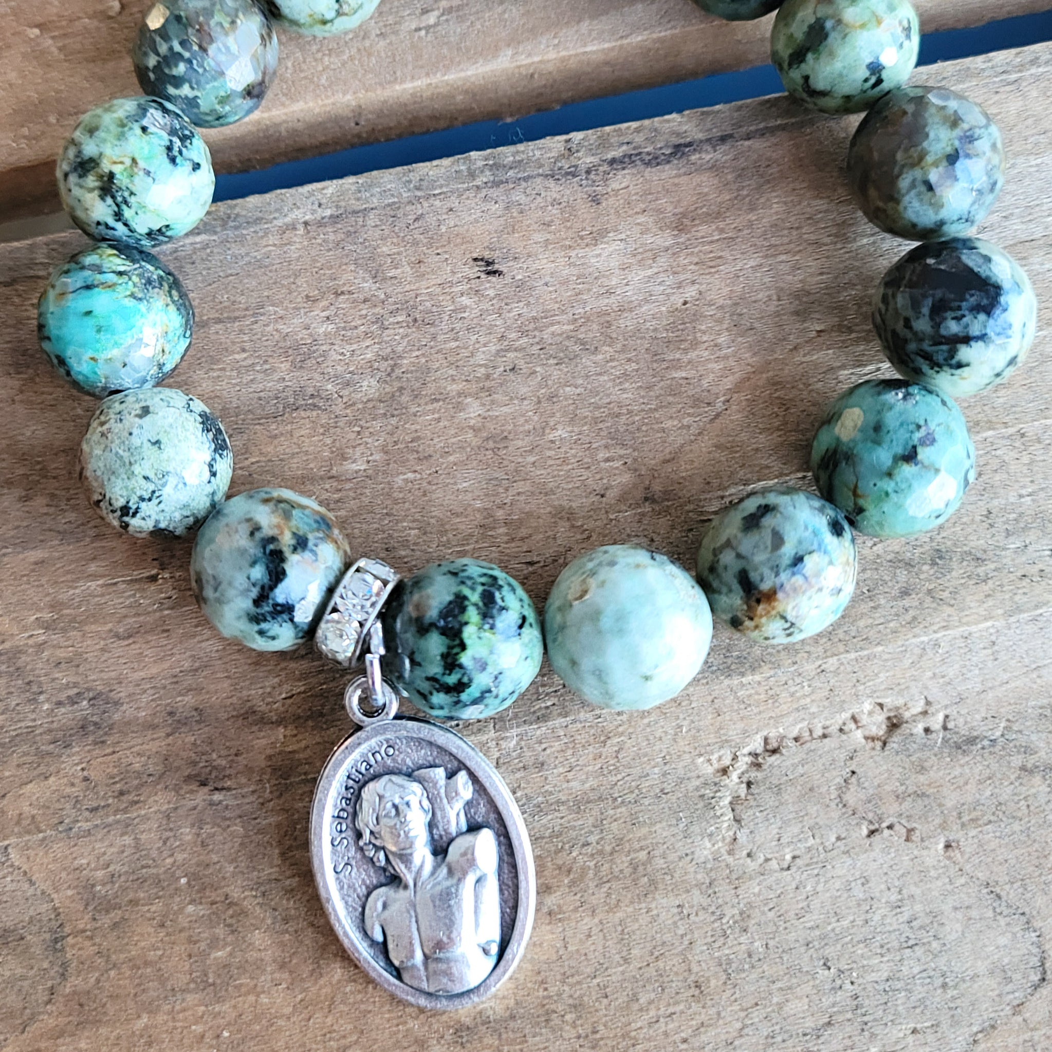 12mm turquoise agate gemstone beads St. Sebastian Medal stretch bracelet