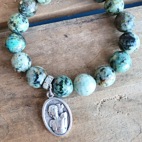 12mm turquoise agate gemstone beads St. Sebastian Medal stretch bracelet