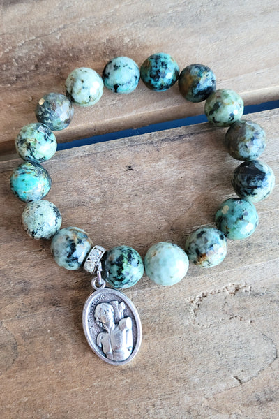 12mm turquoise agate gemstone beads St. Sebastian Medal stretch bracelet