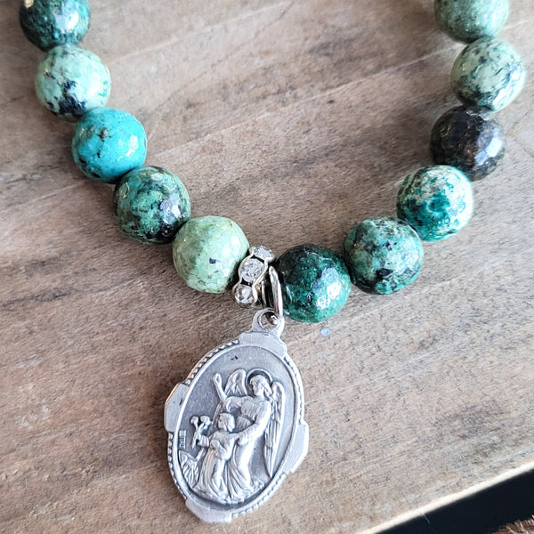 Guardian Angel medal turquoise agate beads stretch bracelet