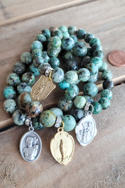 turquoise agate stretch bead bracelets with religious medals