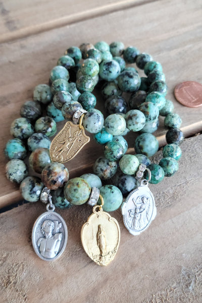 turquoise agate stretch bead bracelets with religious medals