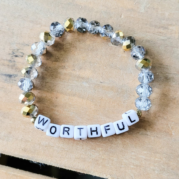 square letter beads WORTHFUL silver gold crystals stretch bracelet