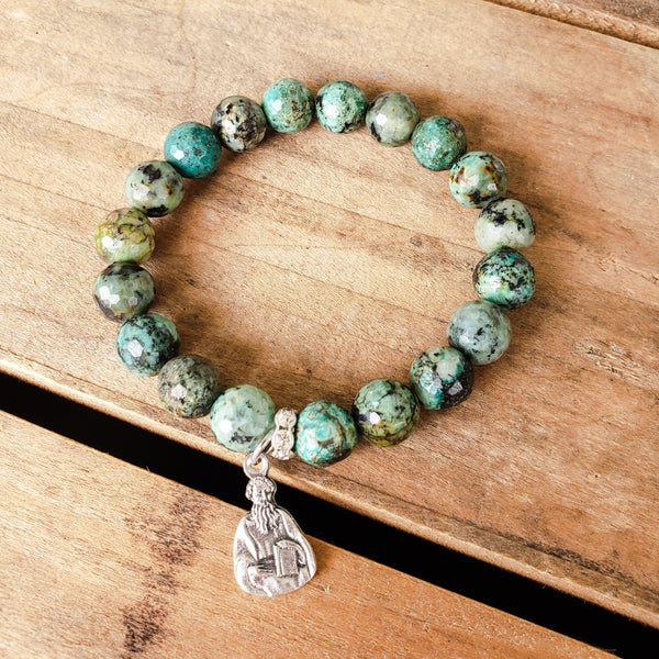 Camouflage 10mm gemstone beads St. John Licci .75" medal bracelet