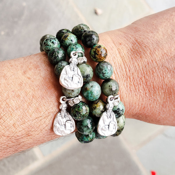 Camouflage 10mm gemstone beads St. John Licci .75" medal bracelets