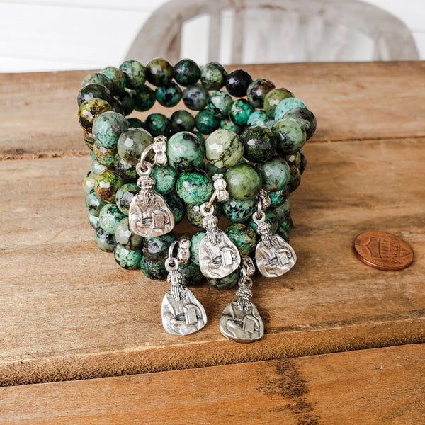 Camouflage 10mm gemstone beads St. John Licci .75" medal bracelets