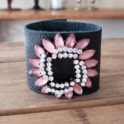 2.5" wide black leather cuff vintage pink and  rhinestone brooch embellishment bracelet