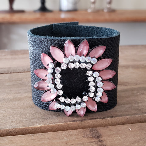 2.5" wide black leather cuff vintage pink and  rhinestone brooch embellishment bracelet