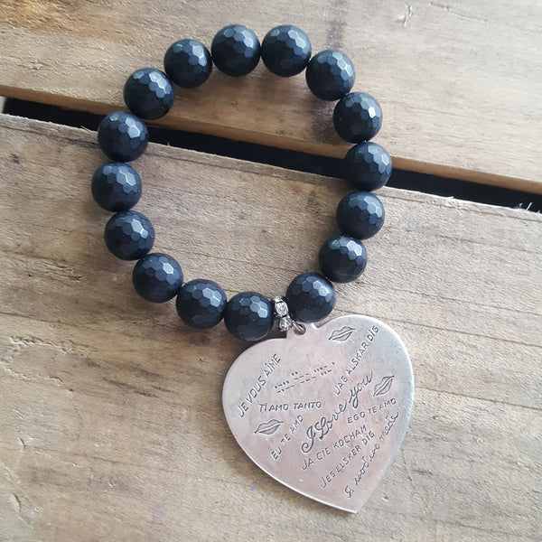 protection bracelet by Marinella jewelry 10mm matte black agate 44mm pewter stamped I love you heart charm