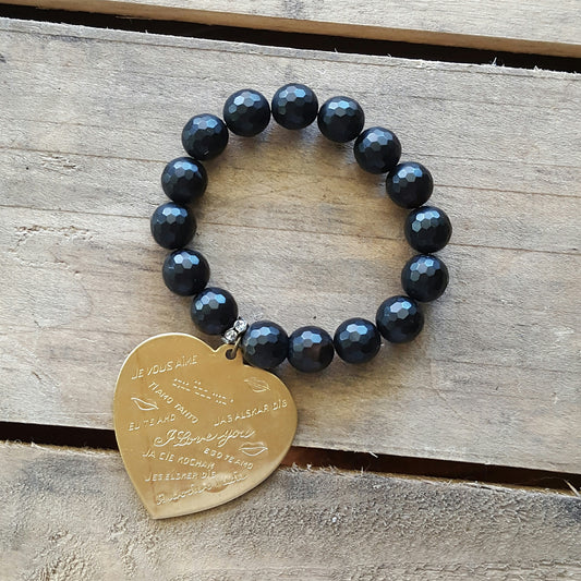 protection bracelet by Marinella jewelry 10mm matte black agate 44mm brass stamped I love you heart charm