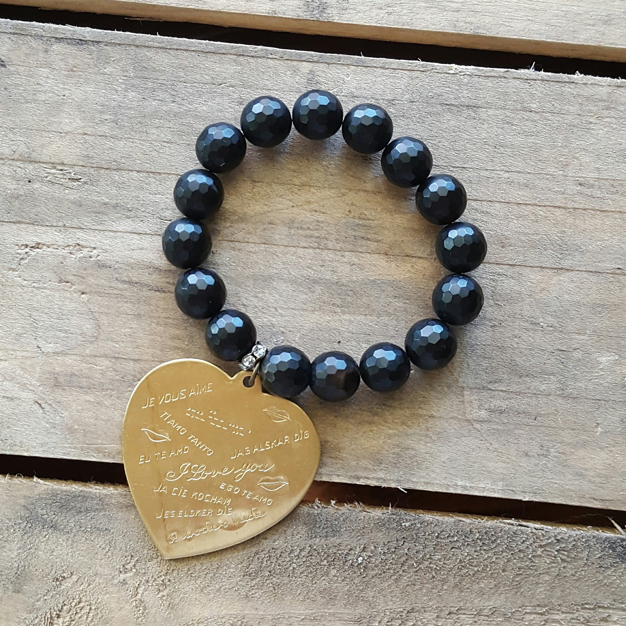 protection bracelet by Marinella jewelry 10mm matte black agate 44mm brass stamped I love you heart charm