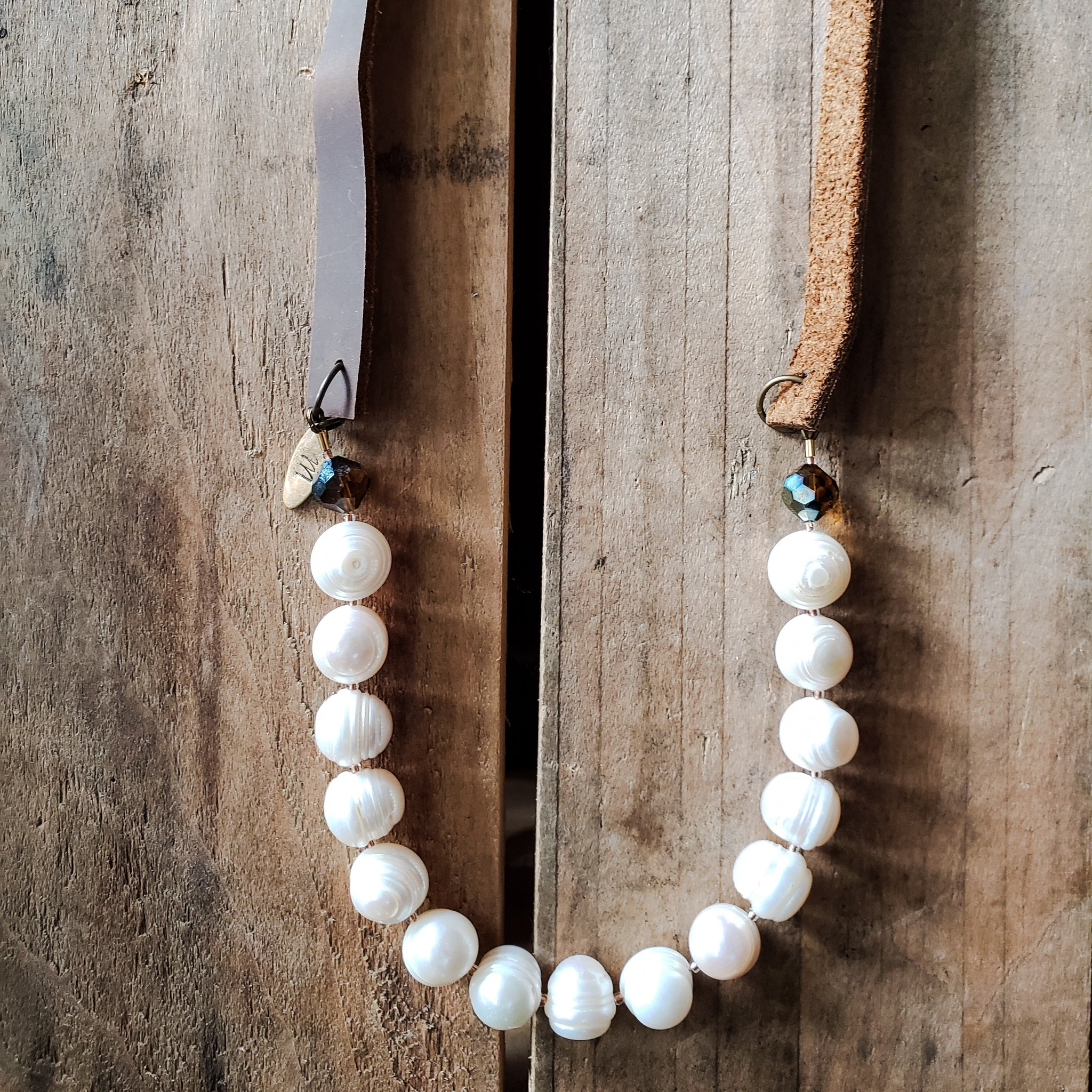 leather 13mm natural freshwater pearls topaz vintage crystals and brass hardware over head 24" long handmade necklace