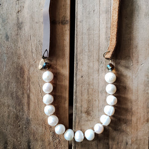 leather 13mm natural freshwater pearls topaz vintage crystals and brass hardware over head 24" long handmade necklace
