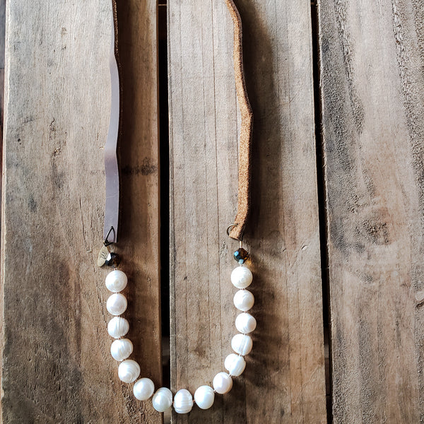 leather 13mm natural freshwater pearls topaz vintage crystals and brass hardware over head 24" long handmade necklace
