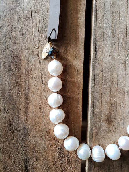 leather 13mm natural freshwater pearls topaz vintage crystals and brass hardware over head 24" long handmade necklace