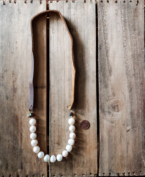 leather 13mm natural freshwater pearls topaz vintage crystals and brass hardware over head 24" long handmade necklace