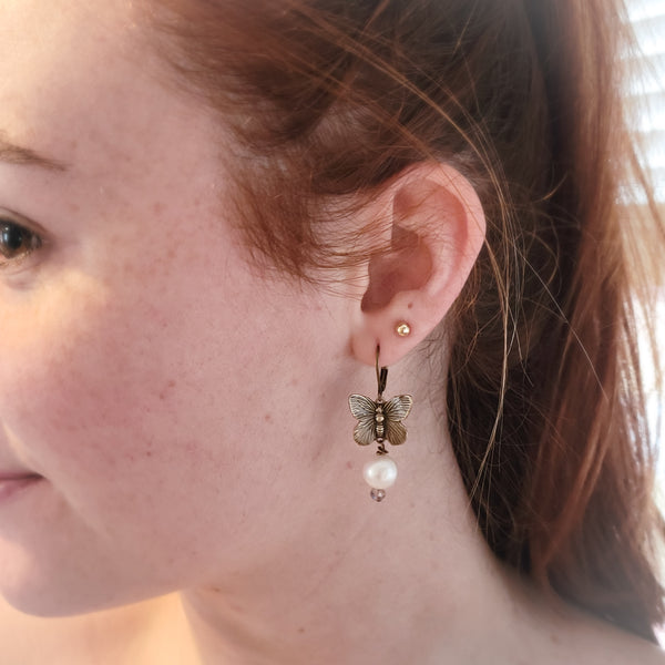 1" long vintage brass butterflies Swarovski crystals & 10mm freshwater pearl earrings