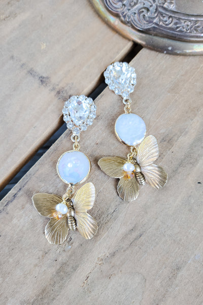 glammy lux 3" long earrings rhinestones, pearls vintage brass butterflies