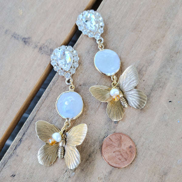 glammy lux 3" long earrings rhinestones, pearls vintage brass butterflies