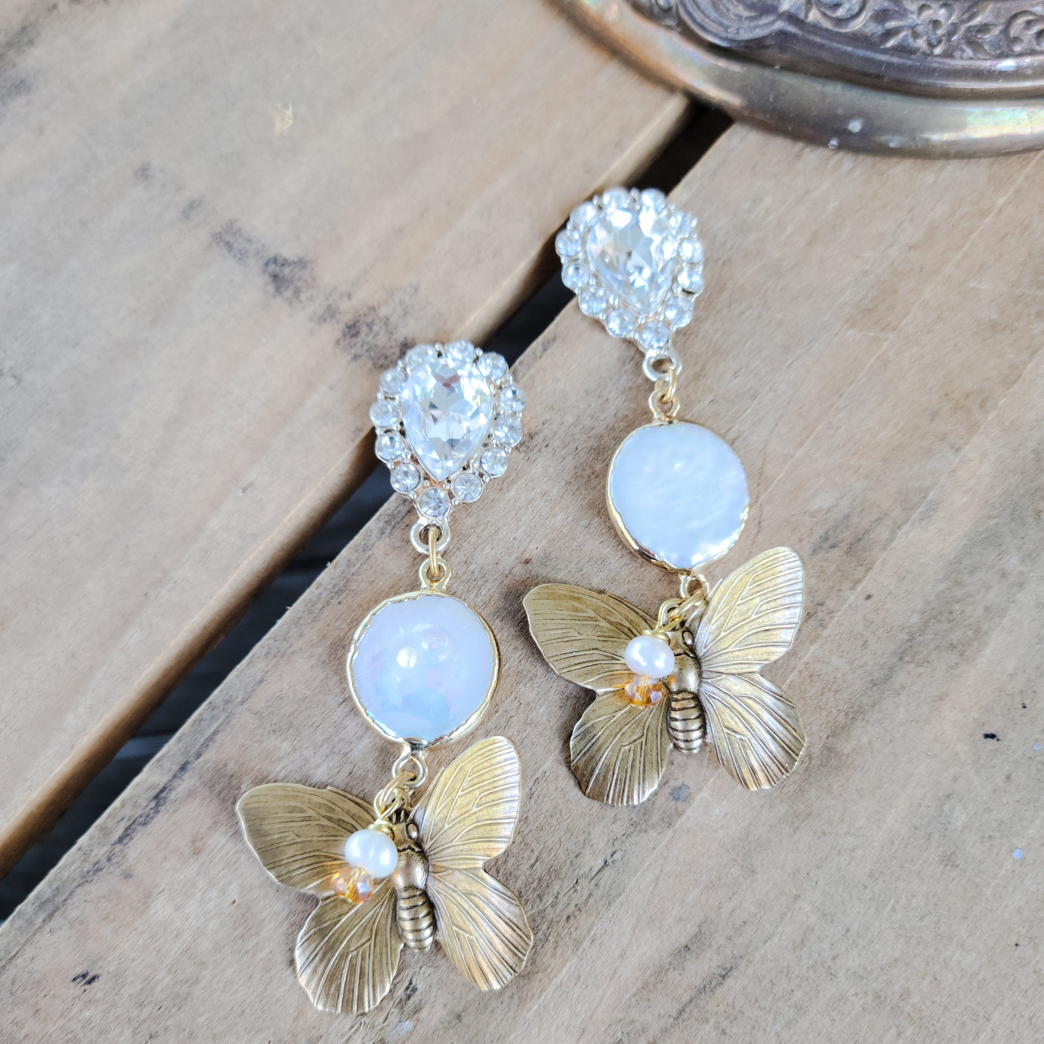 glammy lux 3" long earrings rhinestones, pearls vintage brass butterflies