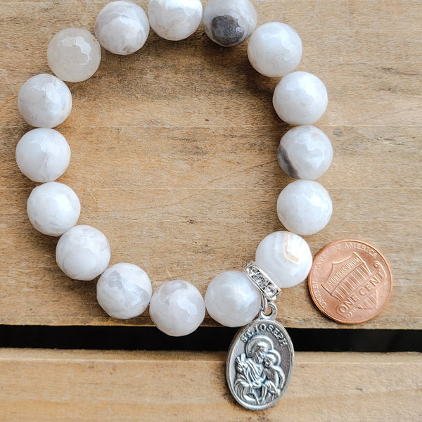 12mm white crazy lace agate gemstone beads 1" oval St. Joseoh medal stretch bracelet