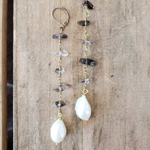 3" long Duster earrings smokey chips freshwater pearl drops