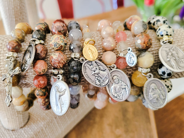 Gemstone beads w Religious medals stretch bracelets