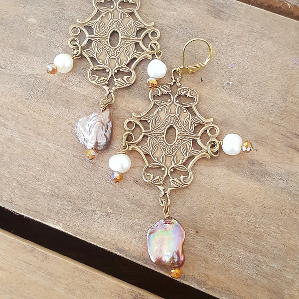 earrings by Marinella jewelry vintage brass freshwater potato & blister pearls 3" long